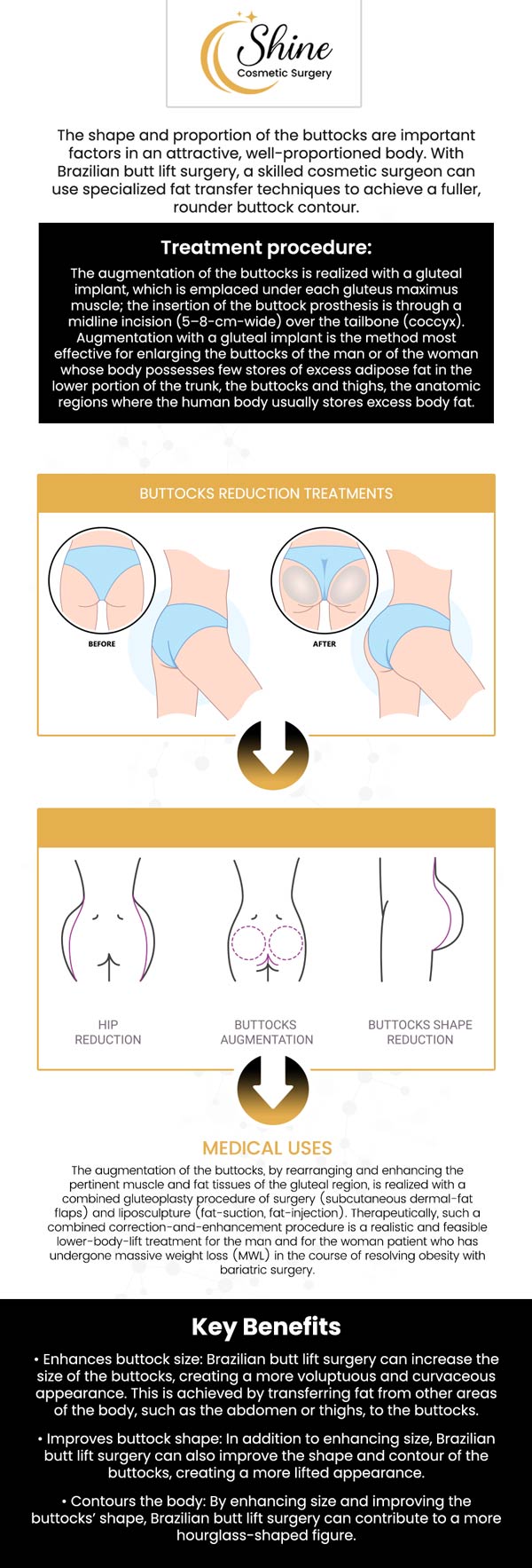 A Brazilian butt lift is a cosmetic treatment that increases the size and form of a butt by removing extra skin and fat, repositioning the skin that is left, and making the butt look more toned. Additionally, remove fat from another part of the body and inject it into the buttocks. Brazilian butt lifts help to improve lower body curves, lose fat, and increase fullness. Enhance the shape and size of your buttocks today. Visit Dr. Daniel Lin, D.O. at Shine Cosmetic Surgery for a Brazilian butt lift procedure. For more information, contact us or schedule an appointment online. We are conveniently located at 2707 Valley Blvd, West Covina, CA 91792. A Brazilian butt lift is a cosmetic treatment that increases the size and form of a butt by removing extra skin and fat, repositioning the skin that is left, and making the butt look more toned. Additionally, remove fat from another part of the body and inject it into the buttocks. Brazilian butt lifts help to improve lower body curves, lose fat, and increase fullness. Enhance the shape and size of your buttocks today. Visit Dr. Daniel Lin, D.O. at Shine Cosmetic Surgery for a Brazilian butt lift procedure. For more information, contact us or schedule an appointment online. We are conveniently located at 2707 Valley Blvd, West Covina, CA 91792.