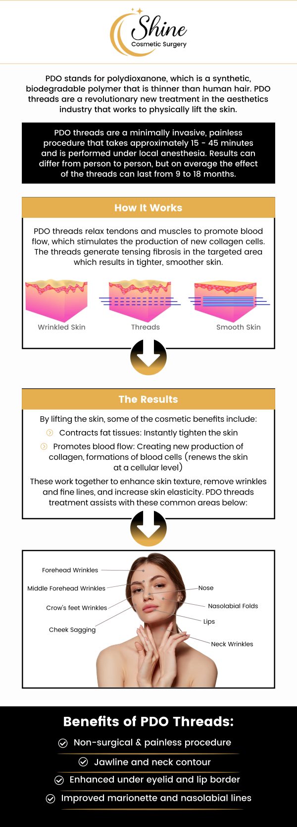 Common questions asked by clients: What is a PDO thread lift? How long does a PDO thread lift last? What do PDO threads cost? What are the benefits of PDO thread lifts? Consult Dr. Daniel Lin, D.O. at Shine Cosmetic Surgery to determine if a PDO thread lift is a suitable procedure for your specific requirements. For more information, contact us or request an appointment online. We are conveniently located at 2707 Valley Blvd, West Covina, CA 91792. We serve clients from West Covina CA, Rowland Heights CA, Diamond Bar CA, Brea CA, Whittier CA, and surrounding areas.